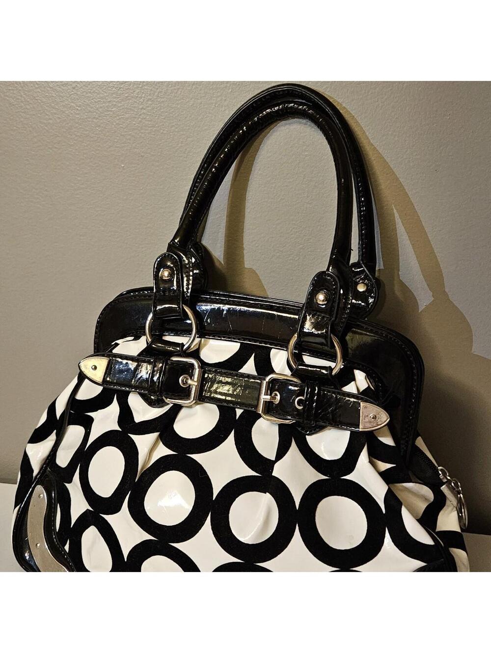 MG Collection Black and White Patent Leather Handbag